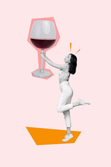 Creative picture image template collage of excited happy lady celebrate hen party drink red fresh merlot wine