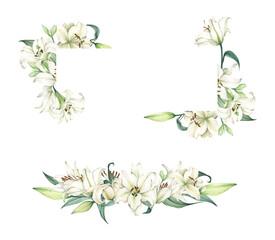 Set of White lily. Floral bouquet. Isolated on white background. Hand drawn clipart for wedding invitations, birthday stationery, greeting cards, scrapbooking. Watercolor illustration. - 608200142