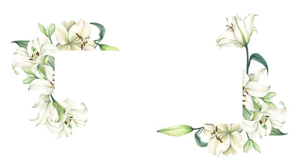Fototapeta na wymiar White lily. Floral bouquet. Hand drawn clipart for wedding invitations, birthday stationery, greeting cards, scrapbooking. Watercolor illustration.