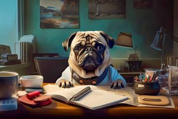 funny dog sitting at a desk, with books and writing utensils, looks sad and tired, meme, copy space, generative ai