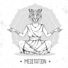 Hand drawing hipster animal cheetah meditating in lotus position on mandala background. Vector illustration
