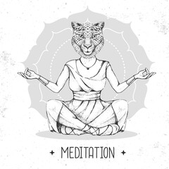 Hand drawing hipster animal cheetah meditating in lotus position on mandala background. Vector illustration
