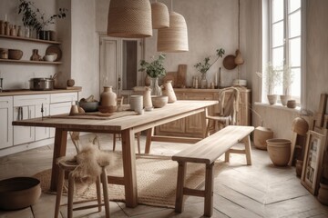 Cozy bright kitchen in scandi eco style. Dining table with benches, wooden floor, crockery and furnishings. Natural colors, simple wood furnishings. Generative AI