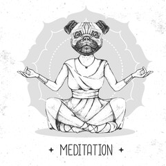 Hand drawing hipster animal dog meditating in lotus position on mandala background. Vector illustration