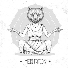 Hand drawing hipster animal bear meditating in lotus position on mandala background. Vector illustration