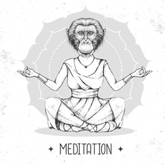 Hand drawing hipster animal monkey meditating in lotus position on mandala background. Vector illustration