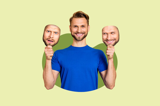 Vertical collage picture artwork image of cheerful positive man hold two faces masks hides true emotions isolated on beige background