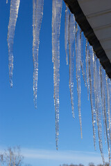 Sharp icicles and melted snow hanging from the eaves of the roof. Beautiful transparent icicles slowly gliding of a roof