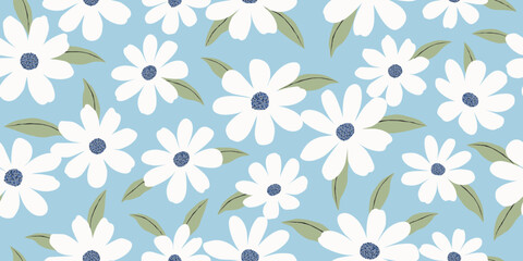 Fototapeta na wymiar Seamless hand drawn floral pattern for print, Minimalist botanical background with white flower vector.