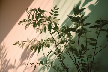 Abstract background of plant branch with green leaves casting hard shadow on pastel colors painted wall. Generative AI
