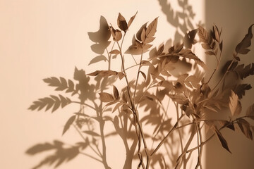 Abstract background of plant branch with white leaves casting hard shadow on beige color painted wall. Generative AI