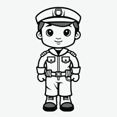 Black and White Coloring Page: Flat Vector Illustration of a Cute Policeman for Kids