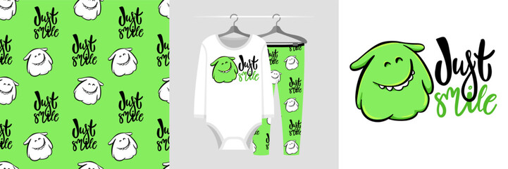 Seamless pattern and illustration set with cute monster and text Just smile. Baby design pajamas, background for apparel, room decor, tee print, party invitation, baby shower, fabric design, wrapping