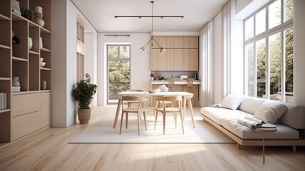 Spacious modern Scandinavian living room with dining area. Wooden furniture and flooring, light textiles, large panoramic windows. Light natural colors. Generative AI