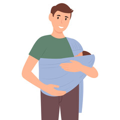 Smiling man holds his baby in a cloth carrier.  Father hugging child in baby sling. Baby feeling love and protection from dad. Vector illustration