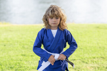 Kid boy practicing karate outdoor. Sport karate kids. Little boy wearing kimono doing karate in park. Little karate fighter. Martial arts for kids. Sport, action, combat sports. © Volodymyr