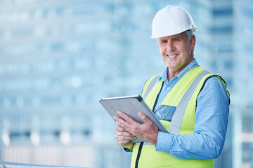 Portrait, engineer and man with a tablet, outdoor or construction with architecture, smile or website information. Face, mature male person or handyman with technology, project management or research