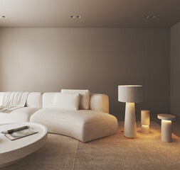 Creative modern minimalist dark interior living room with warm illumination, stone round table and large white lamp. 3d rendering mock up. High quality 3d illustration