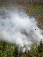 A helicopter carries a bucket of water over forest fire smoke in Kootenay National Park, British Columbia, Canada