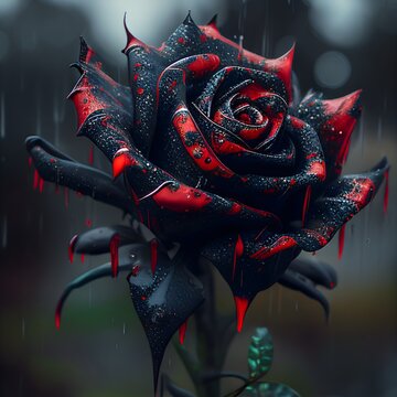 mutated red black rose during a rainy day, created by Generative AI.