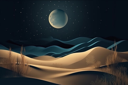 Abstract sand dunes landscape with moon at night. 3D modern art mural wallpaper with matte dark blue background. Dark landscape with stars and moon. Minimalistic style. Generative AI