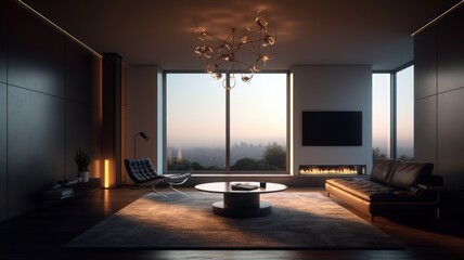 The living room of a modern luxury apartment with leather sofas and an armchair, a bio-fireplace and a huge TV on the wall, panoramic windows with stunning views of the mountains and the Generative AI