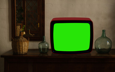 footage of Dated TV Set with Green Screen Mock Up Chroma Key Template Display, Nostalgic living...