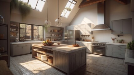 Fototapeta premium Modern spacious country house kitchen, white fronts and countertops, wooden floors and ceiling beams, kitchen island with comfortable work space. Generative AI