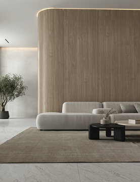 Fototapeta Classic minimalism white beige interior livingroom with furniture, marble floor and decor. Ceiling with modern warm lighting. Mock up empty wall. 3d rendering. High quality 3d illustration