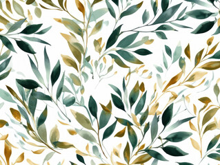 Seamless watercolor floral pattern - green & gold leaves, branches composition on white background