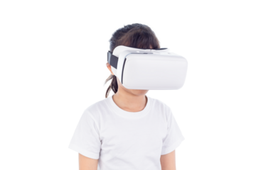 Kid using virtual reality headset, surprised child looking in VR glasses.