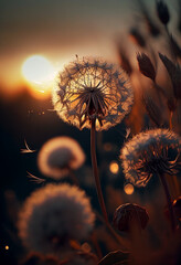 White dandelion crumbles from the wind in the rays of the setting sun. AI Generated