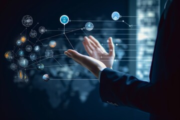 Obraz premium Customer network relationship and business investment growth up management concept on virtual screens, Businessman hold future data graph development planning on the network structure, Generative AI