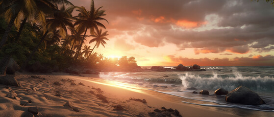 Fototapeta na wymiar A beautiful beach with palm trees in morning with peace and calm sea wave, Generative AI