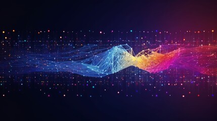 Big data technology and data science illustration. Data flow concept. Querying, analysing, visualizing complex information. Neural network for artificial intelligence. Data mining. Generative AI