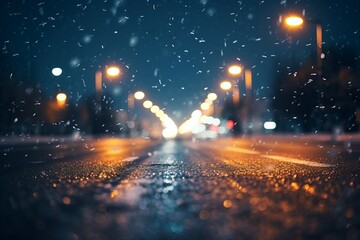 Blurry snow road night traffic. Generate Ai