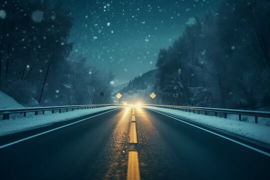 Blurry snow road night mountains. Generate Ai