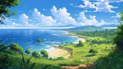 Naklejka premium Beautiful Sea Nature With Anime Style Landscape Illustration Generative AI