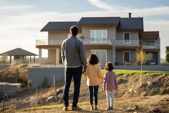 A hopeful rear view image of a young family standing hand in hand, their eyes filled with anticipation as they admire their new home, symbolizing a fresh start and the excitement of a new chapter.