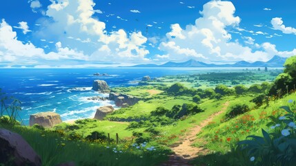 Beautiful Sea Nature With Anime Style Landscape Illustration Generative AI