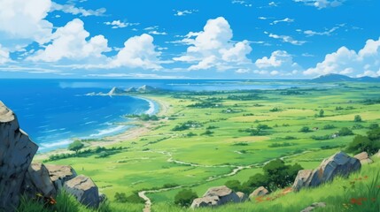 Beautiful Sea Nature With Anime Style Landscape Illustration Generative AI