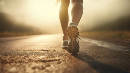 Runner feet running on road closeup on shoe, woman fitness sunrise jog workout. AI Generative