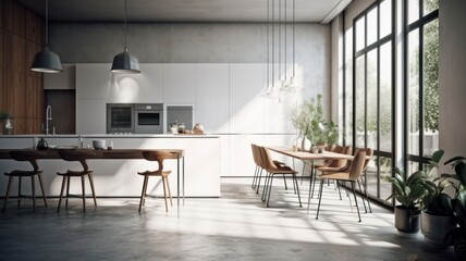 Fototapeta na wymiar Modern spacious kitchen in a minimalist loft style with a dining area. The combination of concrete and wood, natural colors, large panoramic windows overlooking the garden. Generative AI