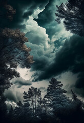 Fototapeta premium Stormy skies above the treetops. AI Generated