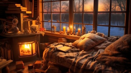 fireplace in the cabine, cabin in the wood, romantic mood, ai generated
