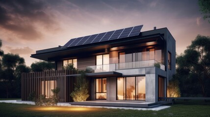 A modern two-story cottage in a minimalist style with solar panels on the roof. Panoramic windows, spacious terrace, neat lawn. Soft evening light. Generative AI