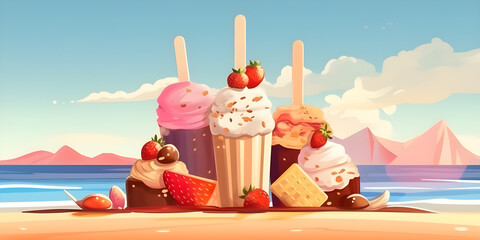 Ice cream cartoon in hot summer theme