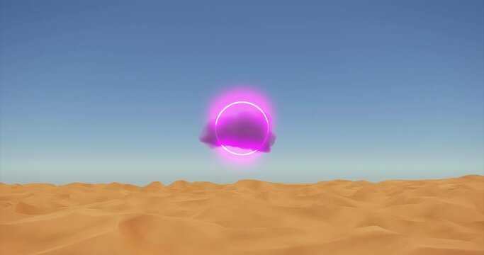 Surreal desert landscape with pink circle cloud in the blue sky over the dunes and sandy mountains. Timelapse day to night. Modern minimal abstract background. 3d Rendering