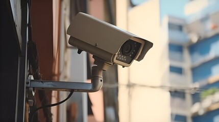 Security camera on modern building. Professional surveillance cameras. CCTV on the wall in the city. Security system, technology. Video equipment for safety system area control outdoor - Generative AI