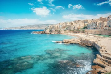 Mediterranean city sea beach. Generate Ai - obrazy, fototapety, plakaty